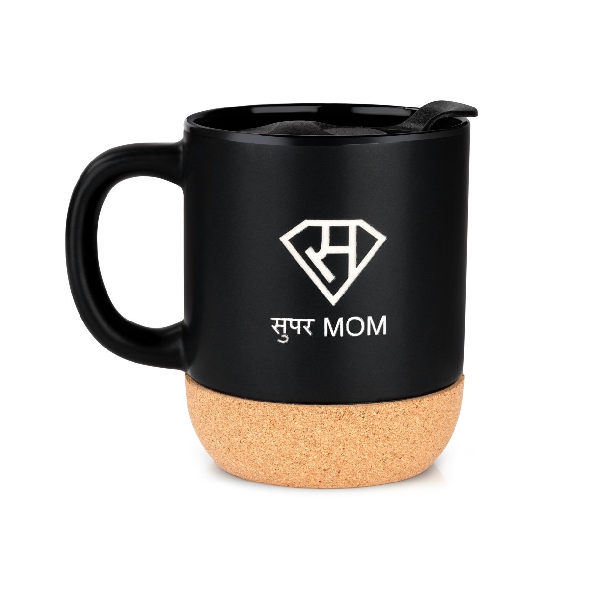 Supermom 250ml Ceramic Mug With Slide To Sip Lid Cork Base – Mugs by The Cork Studio available on Brown Living™. . SKU: TCS - 04. Img 1.