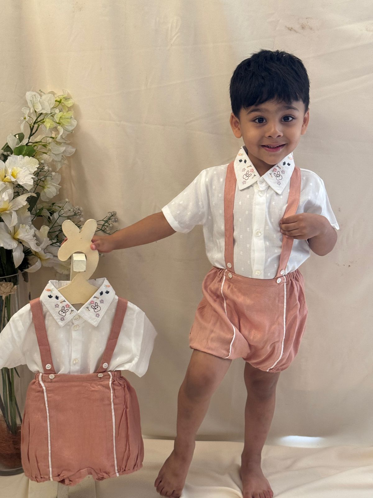 Suspender Treasure Beige Set | Baby Shirt, Shorts With Suspenders – Kids Daywear Sets on Brown Living™. SKU: TF-104-B3-WB5. Img 1.