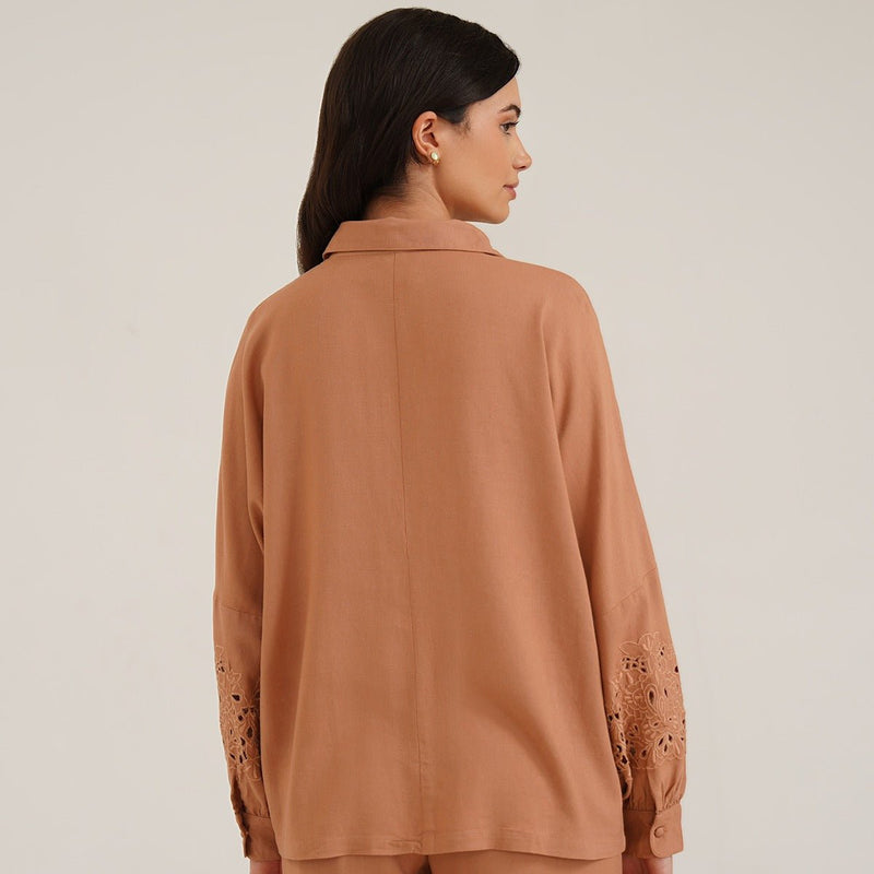 Aeson - Linen Shirt With Cutwork Embroidered Sleeves | Verified Sustainable by Brown Living™