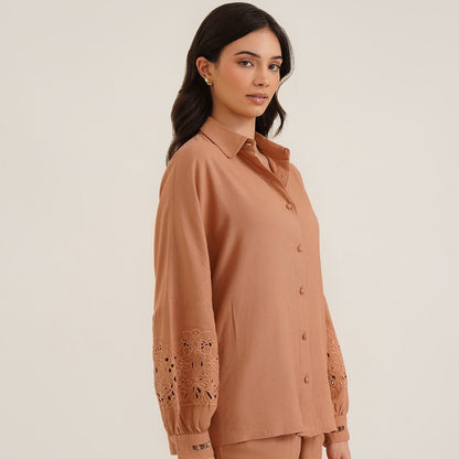 Aeson - Linen Shirt With Cutwork Embroidered Sleeves | Verified Sustainable by Brown Living™