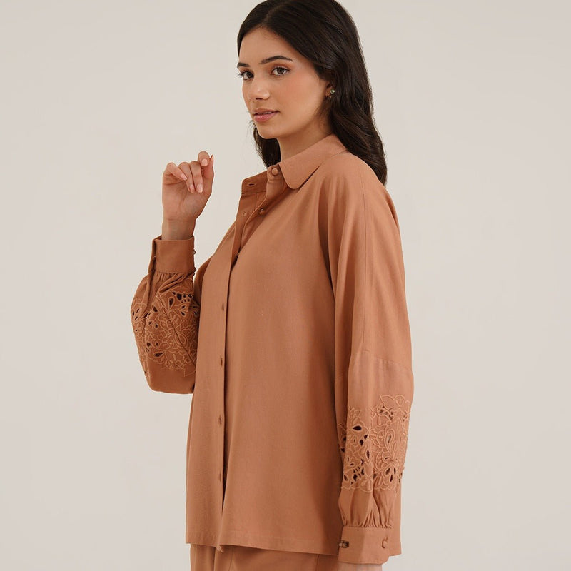 Aeson - Linen Shirt With Cutwork Embroidered Sleeves | Verified Sustainable by Brown Living™