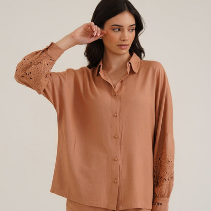 Aeson - Linen Shirt With Cutwork Embroidered Sleeves | Verified Sustainable by Brown Living™