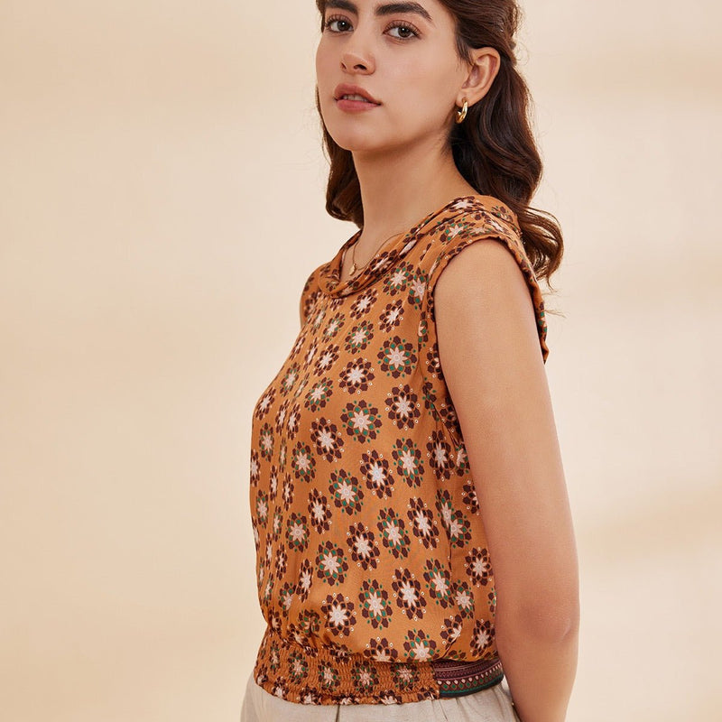 Aizzah - Mustard Burnt Sienna Printed Satin Tank Top With Belt | Verified Sustainable by Brown Living™