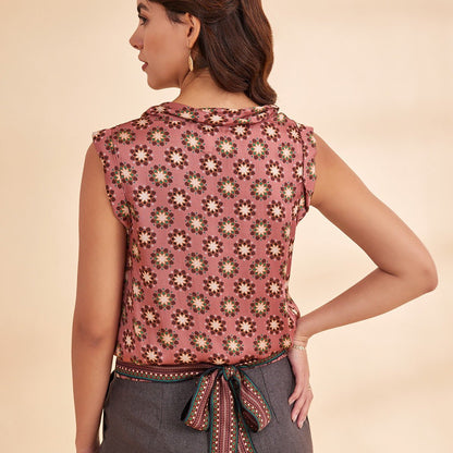 Aizzah - Vintage Pink Printed Satin Tank Top With Belt | Verified Sustainable by Brown Living™