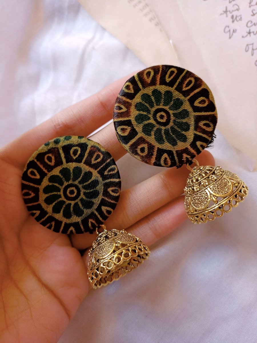 Ajrakh Printed Green Earrings for Everyday Artistry – Womens earrings by The serene by Rainvas available on Brown Living™. . SKU: RVS - SER - EAR - 24. Img 4.