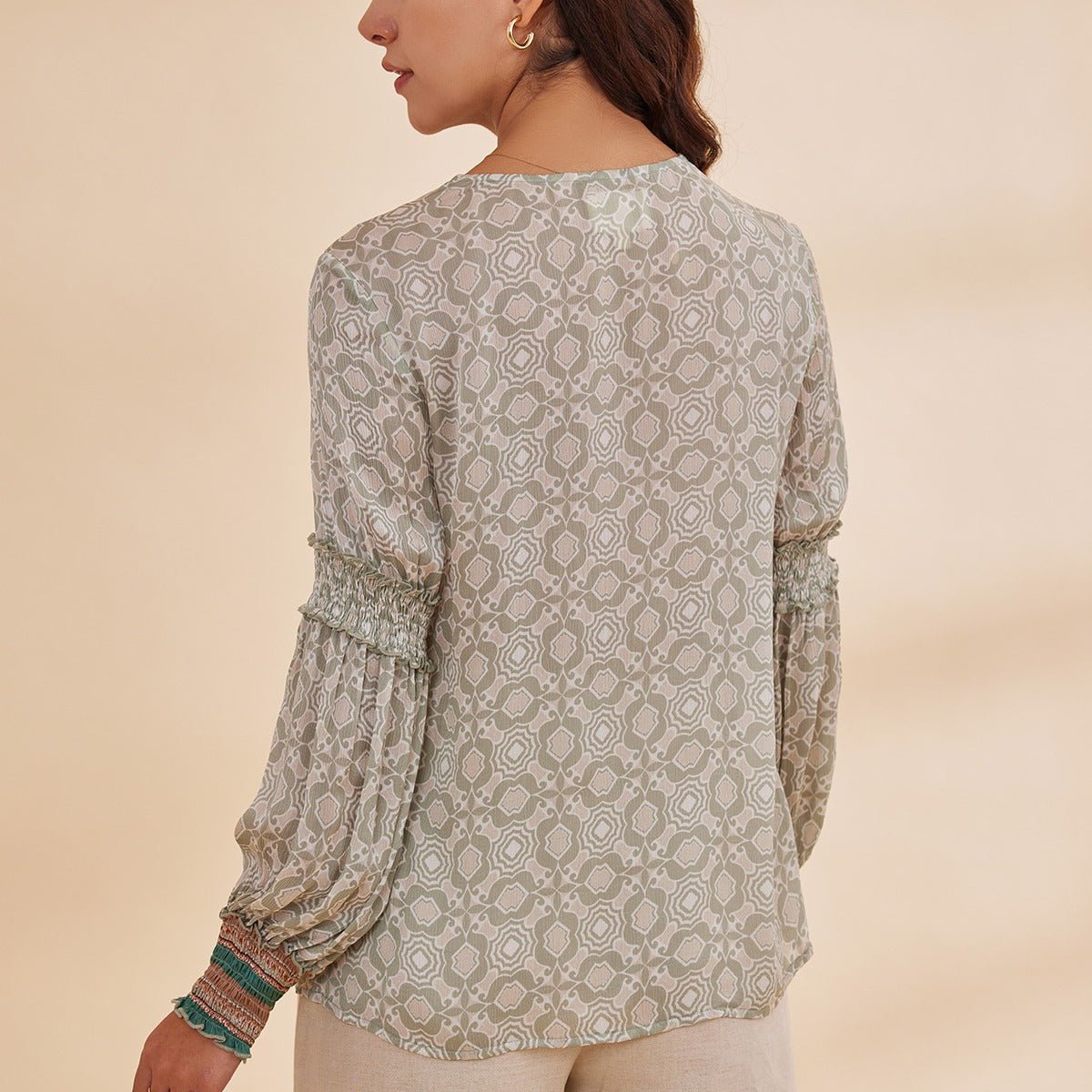 Alizeh - Green Printed Satin Chiffon Peasant Top | Verified Sustainable by Brown Living™