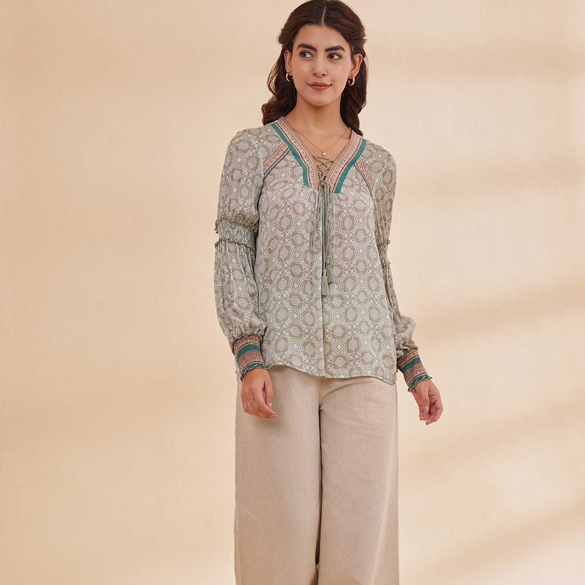 Alizeh - Green Printed Satin Chiffon Peasant Top | Verified Sustainable by Brown Living™