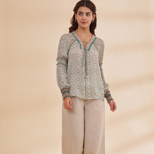 Alizeh - Green Printed Satin Chiffon Peasant Top | Verified Sustainable by Brown Living™