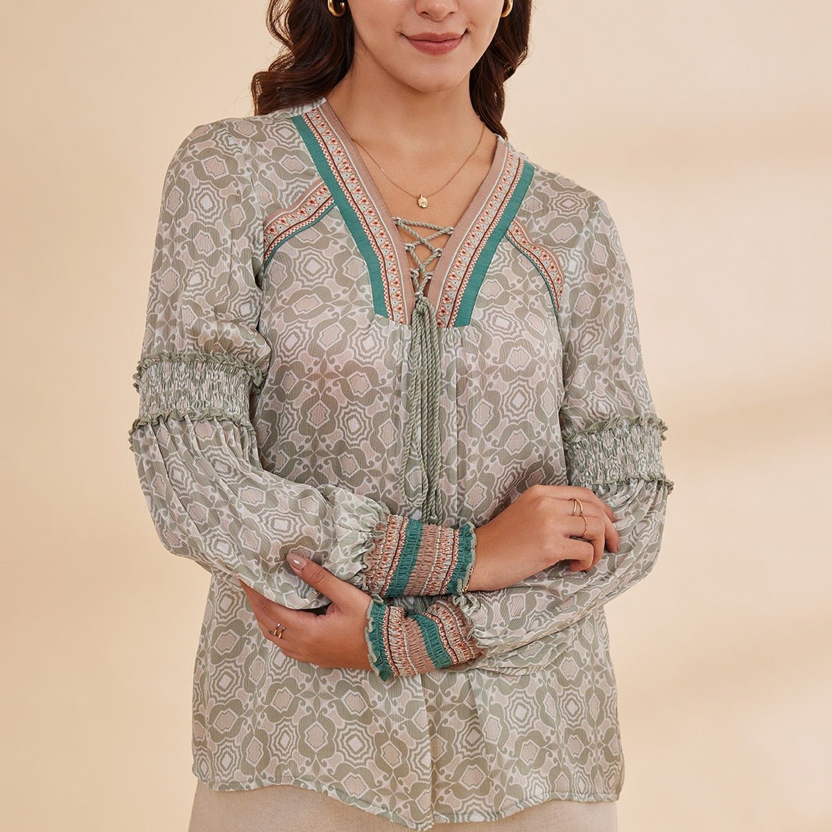 Alizeh - Green Printed Satin Chiffon Peasant Top | Verified Sustainable by Brown Living™