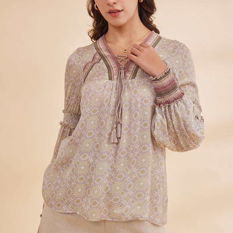 Alizeh - Pink Printed Satin Chiffon Peasant Top | Verified Sustainable by Brown Living™