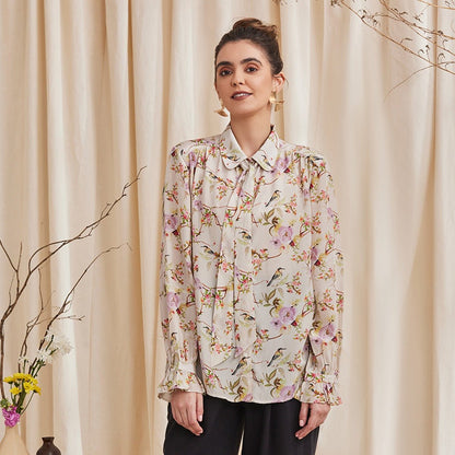 Alyssa Ecru - Floral Printed Viscose Crepe Shirt | Verified Sustainable by Brown Living™