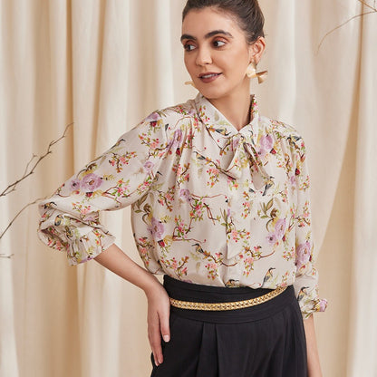 Alyssa Ecru - Floral Printed Viscose Crepe Shirt | Verified Sustainable by Brown Living™