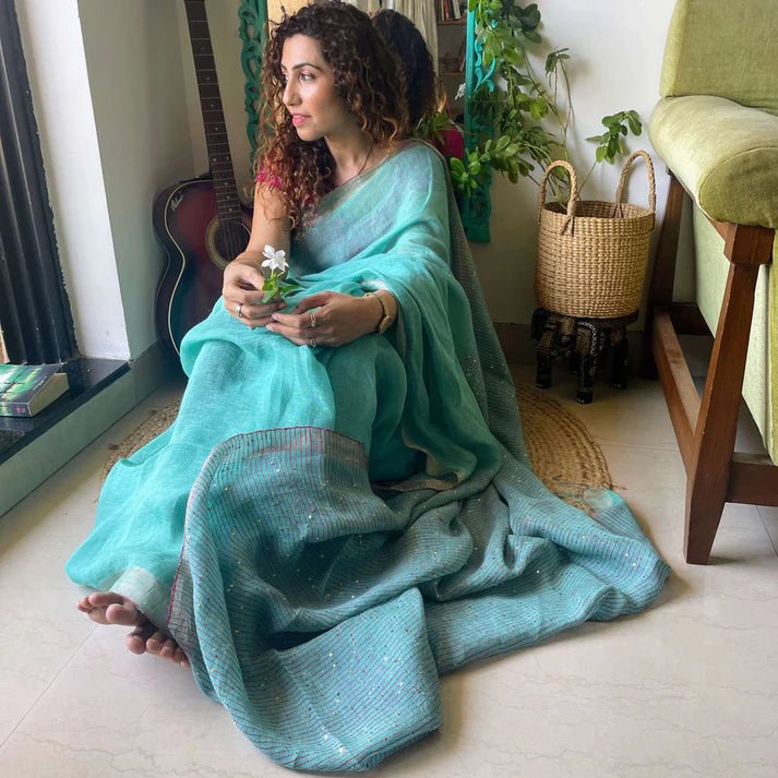 Aqua green Linen Saree with sequence – by Forsarees available on Brown Living™. . SKU: SKU - 132. Img 1.