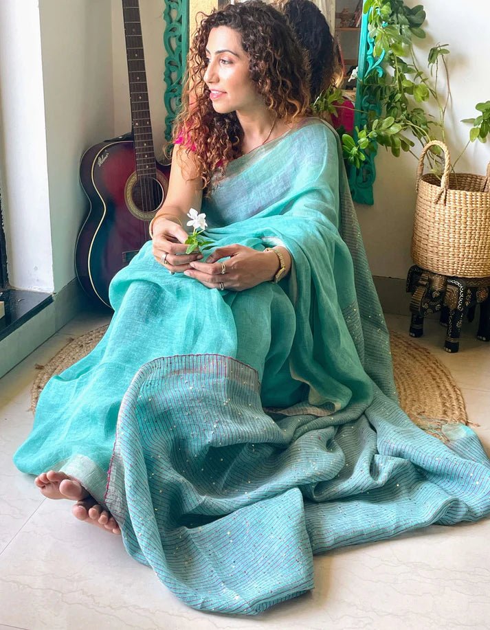 Aqua green Linen Saree with sequence – by Forsarees available on Brown Living™. . SKU: SKU - 132. Img 4.