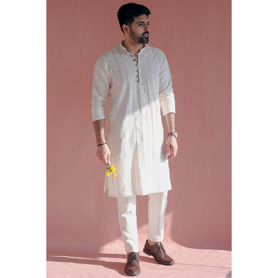 Aralinn Handwoven Khadi Kurta - Chinese Collar, Back Waist Elastic – Mens Kurta on Brown Living™. SKU: DL0148XS. Img 1.