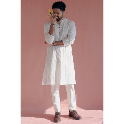 Aralinn Handwoven Khadi Kurta - Chinese Collar, Back Waist Elastic – Mens Kurta on Brown Living™. SKU: DL0148XS. Img 3.