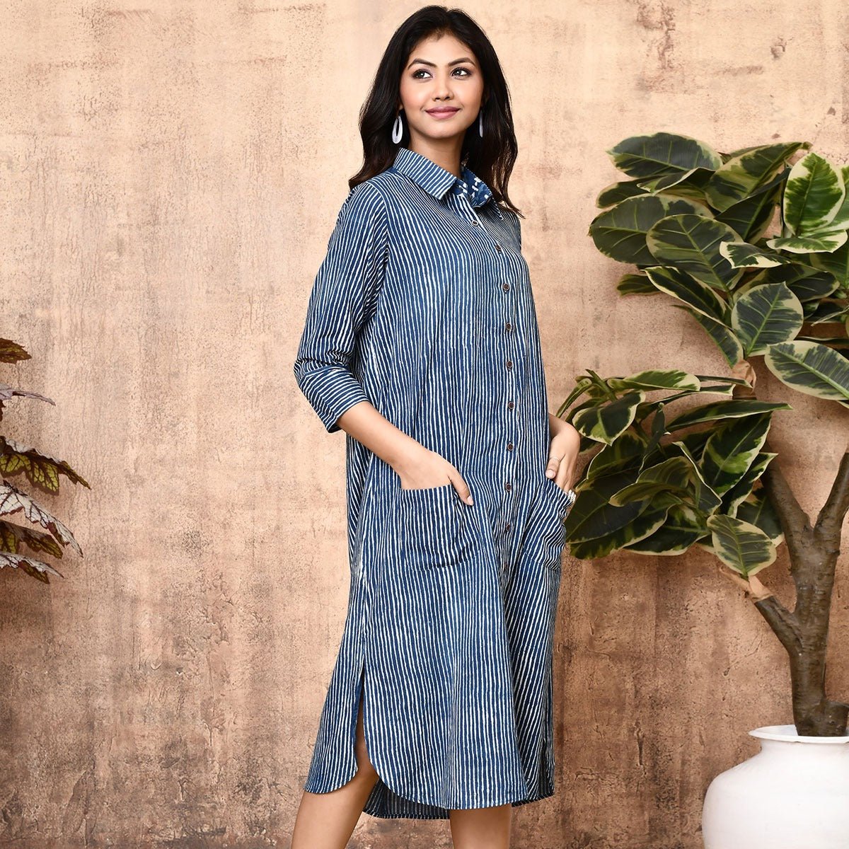 Arika Indigo Block Printed Cotton Long Shirt Dress | Verified Sustainable by Brown Living™