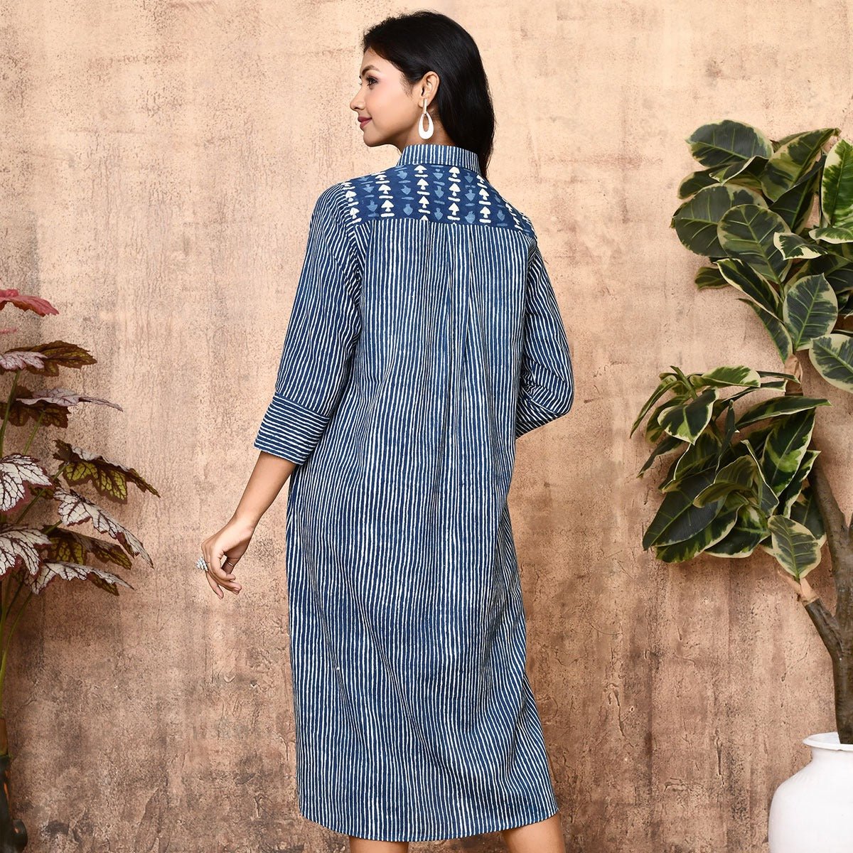 Arika Indigo Block Printed Cotton Long Shirt Dress | Verified Sustainable by Brown Living™