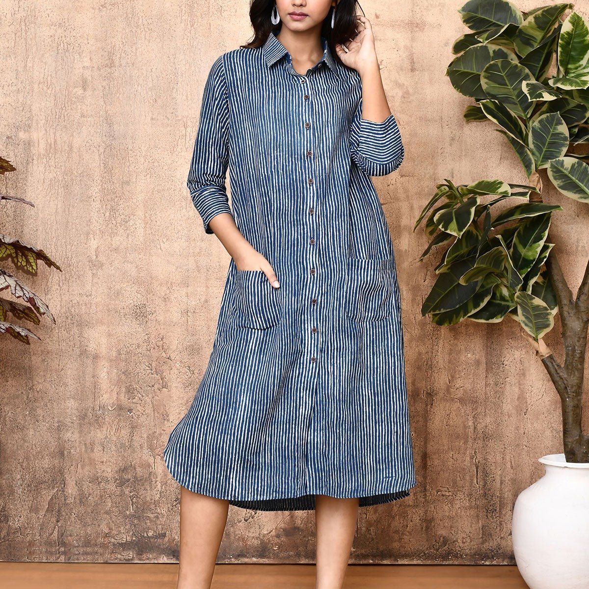 Arika Indigo Block Printed Cotton Long Shirt Dress | Verified Sustainable by Brown Living™