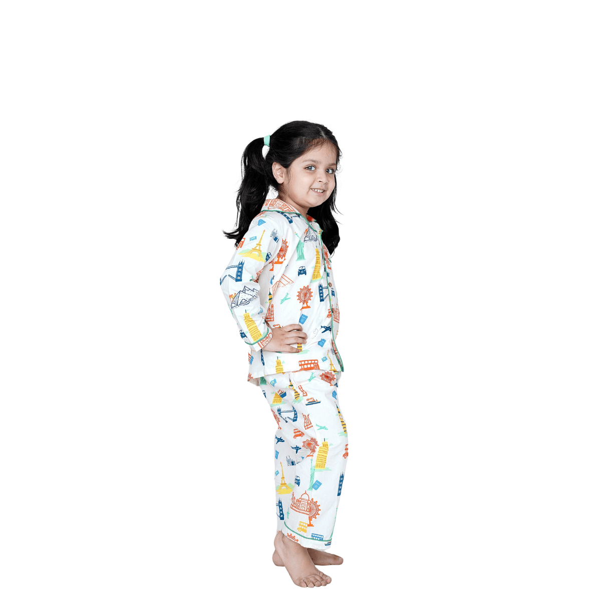 Around The World Unisex Kids Cotton Night Suit, Collar Pajama Set | Verified Sustainable by Brown Living™