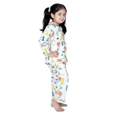 100% Cotton Around The World Kids Collar Night Suit Set – Kids Nightwear on Brown Living™. SKU: ATW23K1. Img 1.