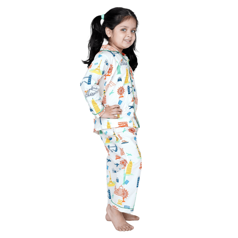 Around The World Unisex Kids Cotton Night Suit, Collar Pajama Set | Verified Sustainable by Brown Living™