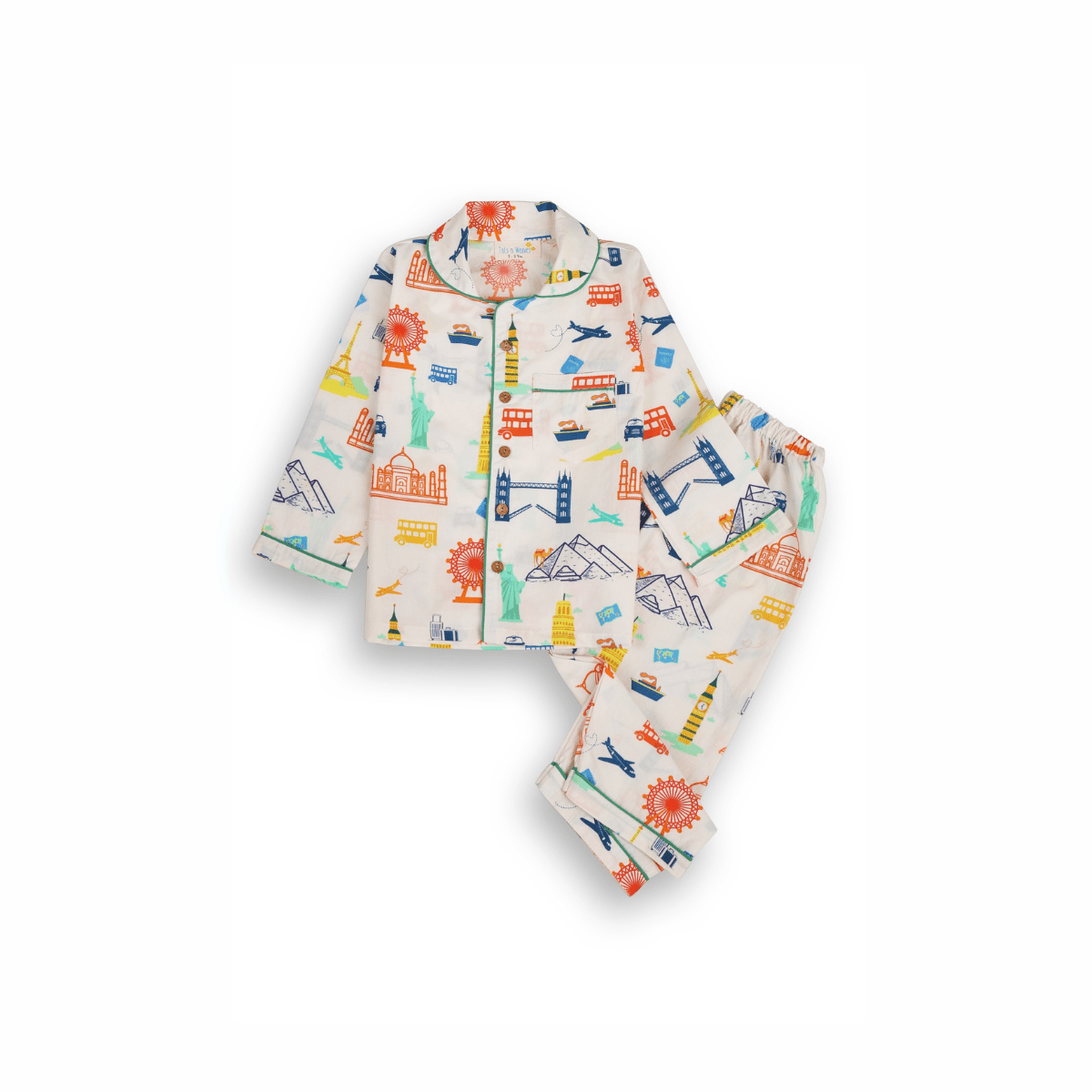 Around The World Unisex Kids Cotton Night Suit, Collar Pajama Set | Verified Sustainable by Brown Living™