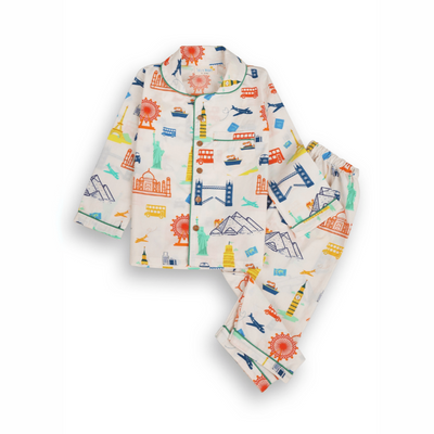 100% Cotton Around The World Kids Collar Night Suit Set – Kids Nightwear on Brown Living™. SKU: ATW23K1. Img 2.