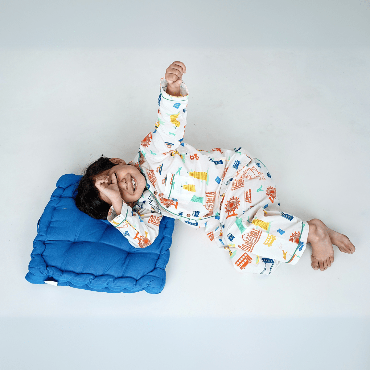 Around The World Unisex Kids Cotton Night Suit, Collar Pajama Set | Verified Sustainable by Brown Living™