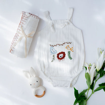 Baby Boy Gift Hamper with Cotton Romper and Swaddle | Little Meadows | White | Verified Sustainable by Brown Living™