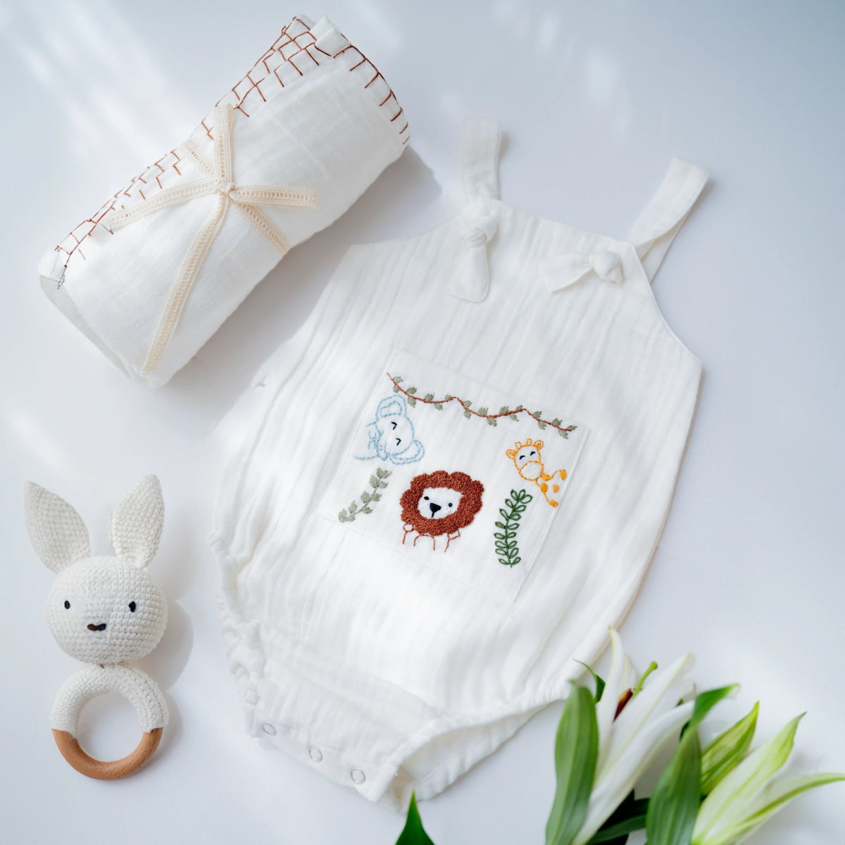 Baby Boy Gift Hamper with Cotton Romper and Swaddle | Little Meadows | White | Verified Sustainable by Brown Living™