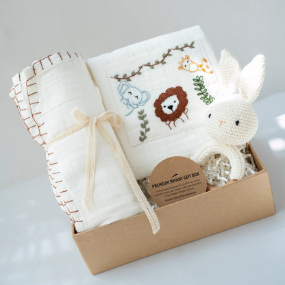 Baby Boy Gift Hamper with Cotton Romper and Swaddle | Little Meadows | White | Verified Sustainable by Brown Living™