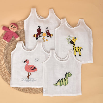 Backyard Buddies - Giraffe, Dino, Ant & Flamingo Back Open Pure Cotton Baby Jabla Set of 4 – Kids Shirts on Brown Living™. SKU: STRCOTWHIBOJAB08 - GDAF - S. Img 12.