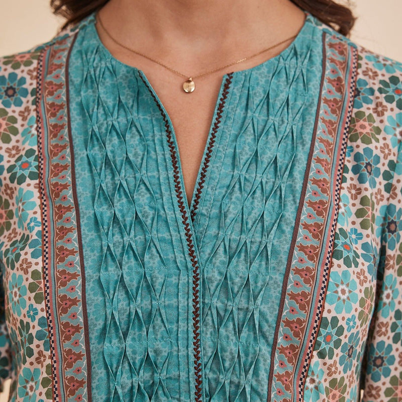 Bahia - Blue Organic Bamboo Printed Fit And Flare Top | Verified Sustainable by Brown Living™