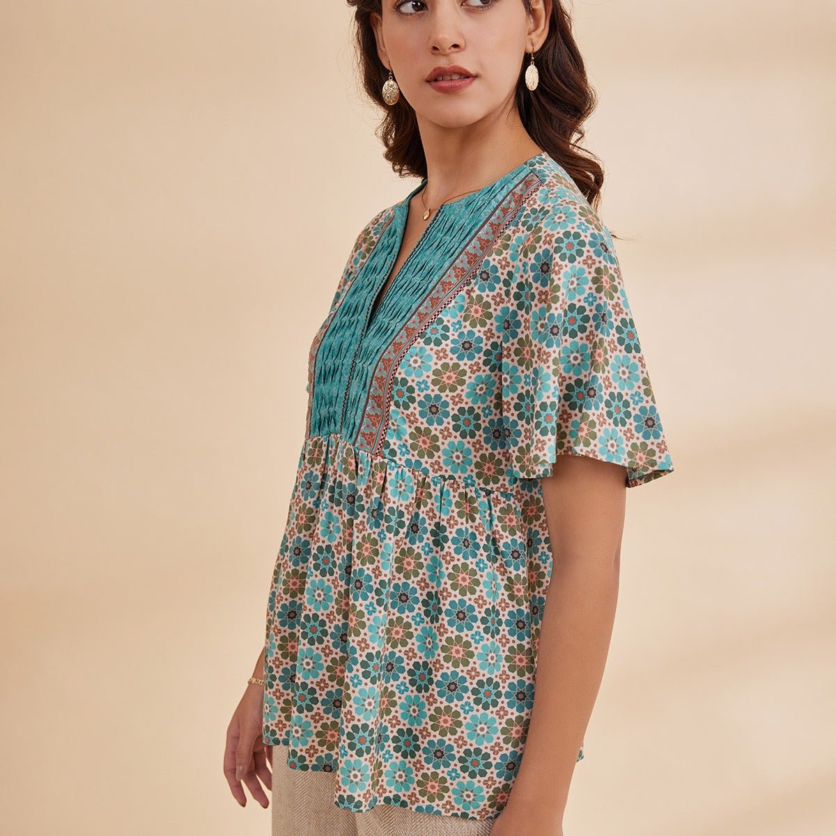 Bahia - Blue Organic Bamboo Printed Fit And Flare Top | Verified Sustainable by Brown Living™