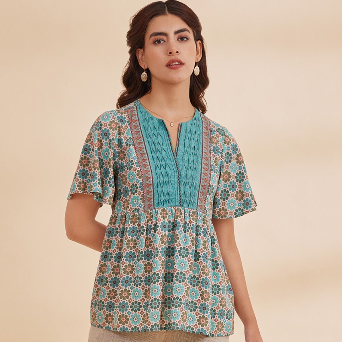 Bahia - Blue Organic Bamboo Printed Fit And Flare Top | Verified Sustainable by Brown Living™