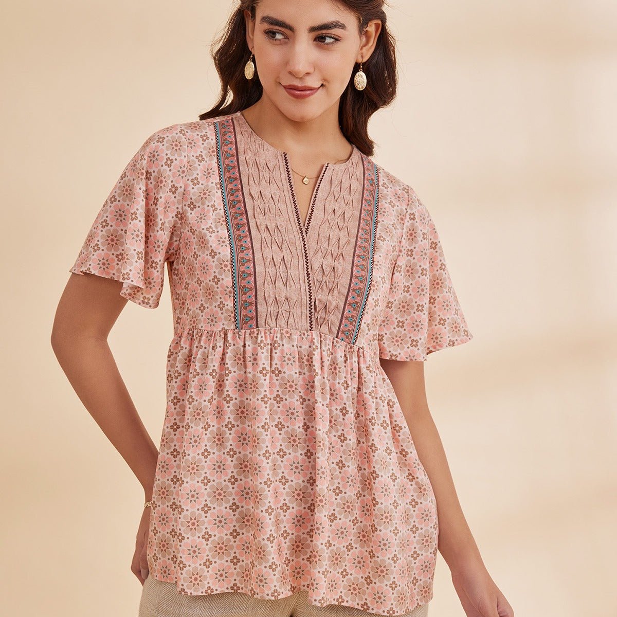 Bahia - Pink Organic Bamboo Printed Fit And Flare Top | Verified Sustainable by Brown Living™