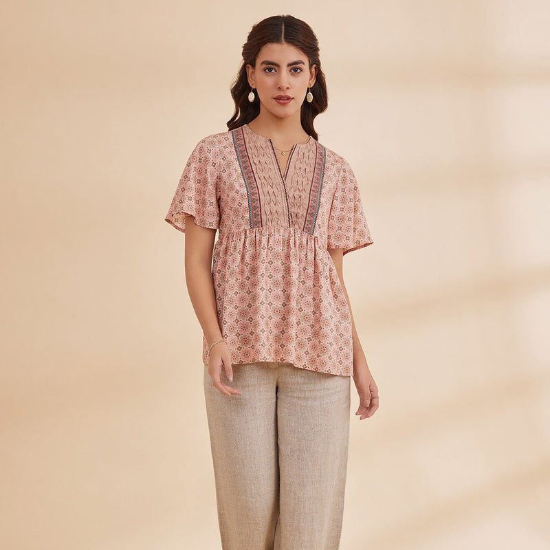 Bahia - Pink Organic Bamboo Printed Fit And Flare Top | Verified Sustainable by Brown Living™