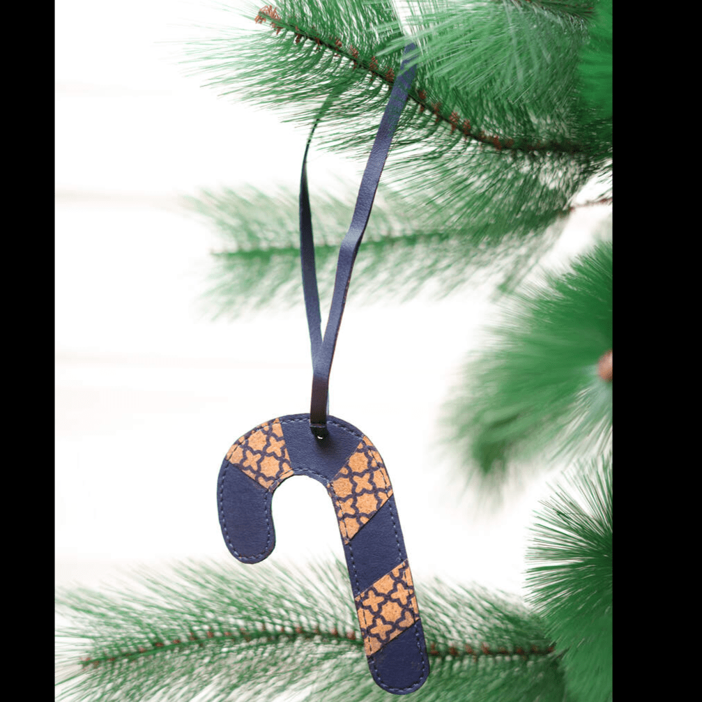 Banana Leather & Cork Festive Decor Handcrafted Christmas Candy Cane (Blue) – Decor & Artefacts on Brown Living™. SKU: XMGH1003. Img 1.