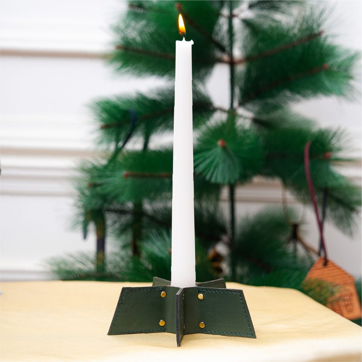 Banana Leather Festive Decor Handcrafted Christmas Candleholder (Green) – Decor & Artefacts on Brown Living™. SKU: XMGH1010. Img 1.
