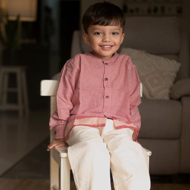 Barefoot Boy Mandarin Collar Shirt - Red Handwoven Checks | Verified Sustainable by Brown Living™