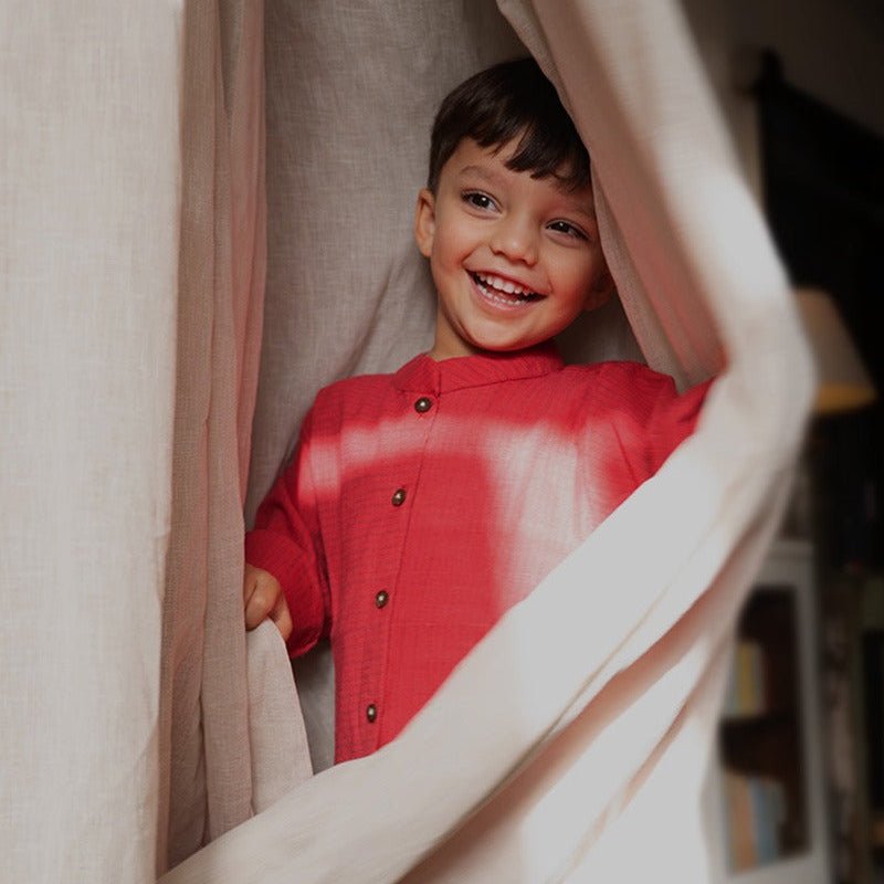 Barefoot Boy Mandarin Collar Shirt - Red Handwoven Checks | Verified Sustainable by Brown Living™