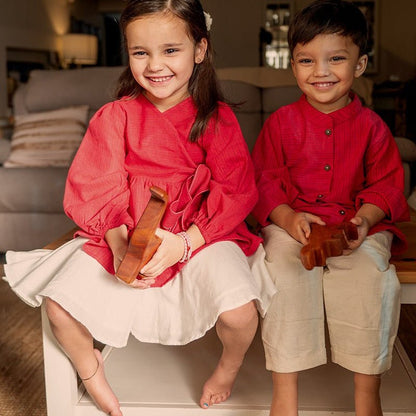 Barefoot Boy Mandarin Collar Shirt - Red Handwoven Stripes | Verified Sustainable by Brown Living™