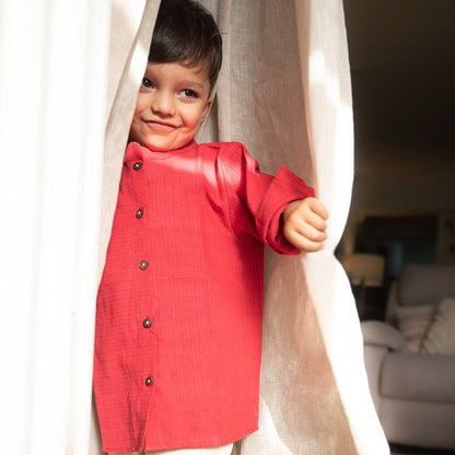 Barefoot Boy Mandarin Collar Shirt - Red Handwoven Stripes | Verified Sustainable by Brown Living™