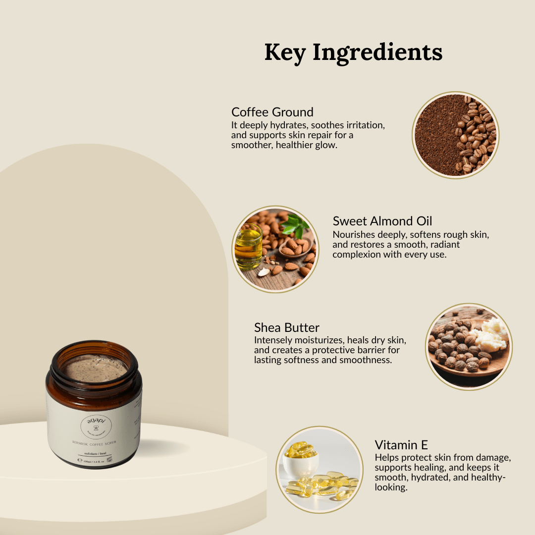 Bermiok Nourishing Coffee Scrub - 100g – Body Scrub by Agapi available on Brown Living™. . SKU: BCCS - 01. Img 2.