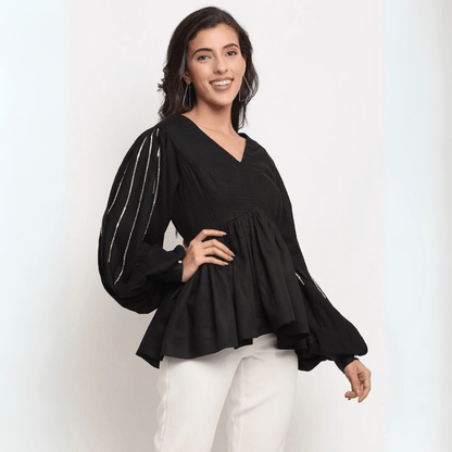 Black Beaded Top – Elegant Cotton Blouse for Women | Verified Sustainable by Brown Living™