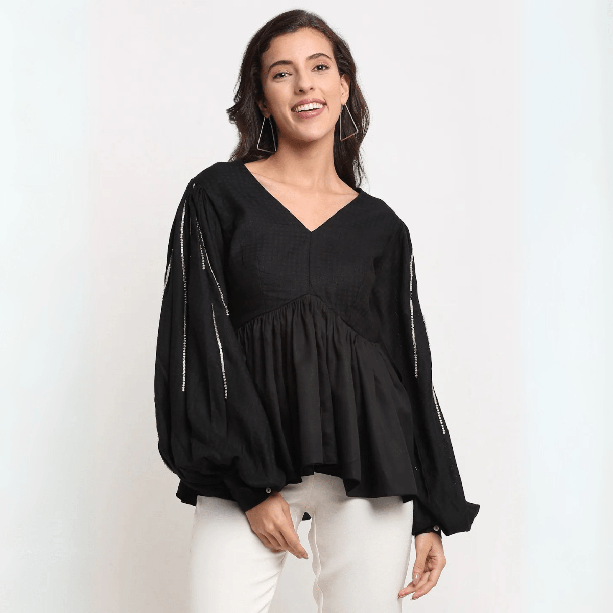 Black Beaded Top – Elegant Cotton Blouse for Women | Verified Sustainable by Brown Living™