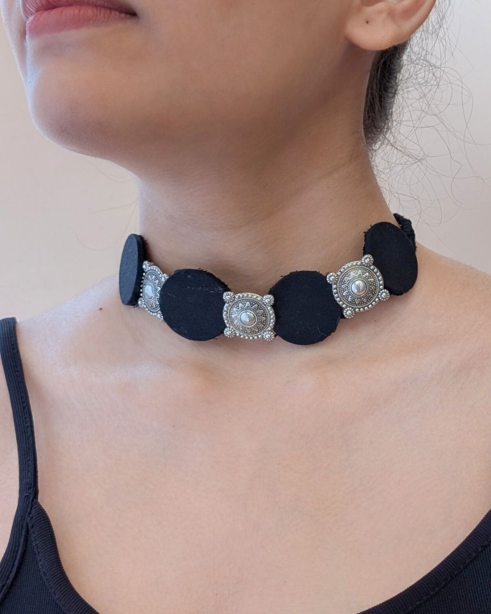 Black Fabric Choker with Oxidised Charm | Verified Sustainable by Brown Living™