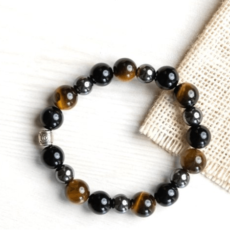 Black Obsidian Tiger Eye and Hematite Bracelet for Cleansing, Grounding & Better Health | Verified Sustainable by Brown Living™