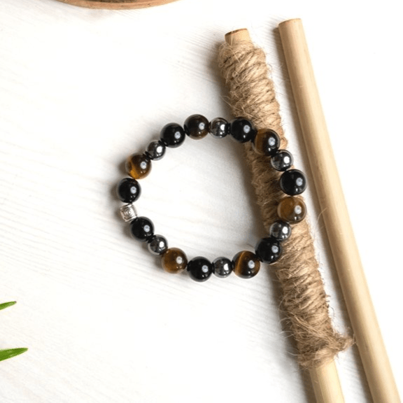 Black Obsidian Tiger Eye and Hematite Bracelet for Cleansing, Grounding & Better Health | Verified Sustainable by Brown Living™